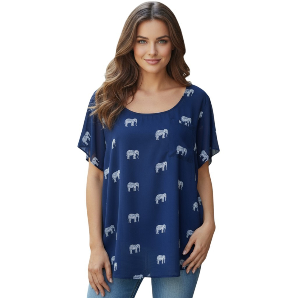 Torrid Blouse Womens 2X Plus Blue Allover Elephant Print Semi Sheer Casual Top